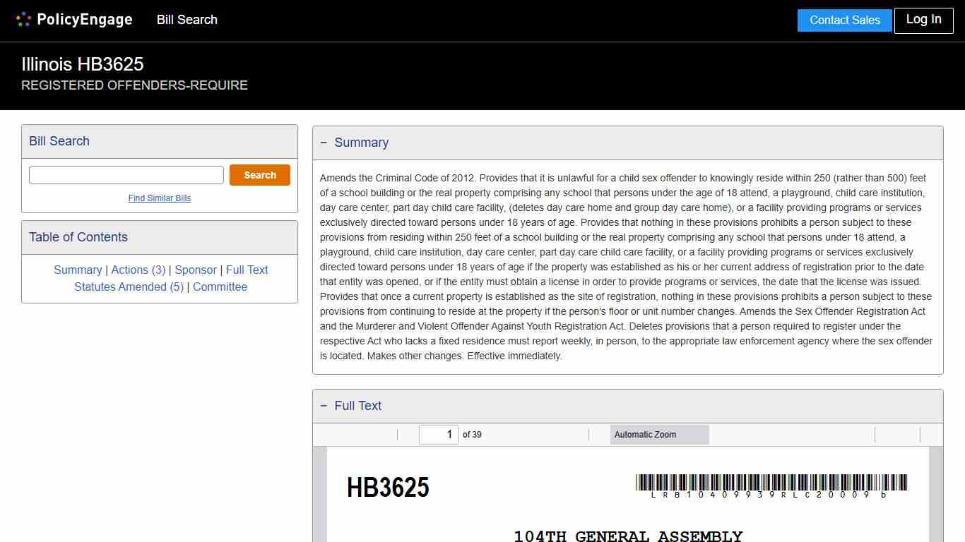 HB3625 Illinois 2025-2026 REGISTERED OFFENDERS-REQUIRE - Legislative Tracking PolicyEngage